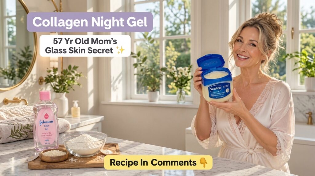 A radiant woman in her 50s is smiling and holding a large tub of Vaseline in a brightly lit bathroom with Johnson s baby
