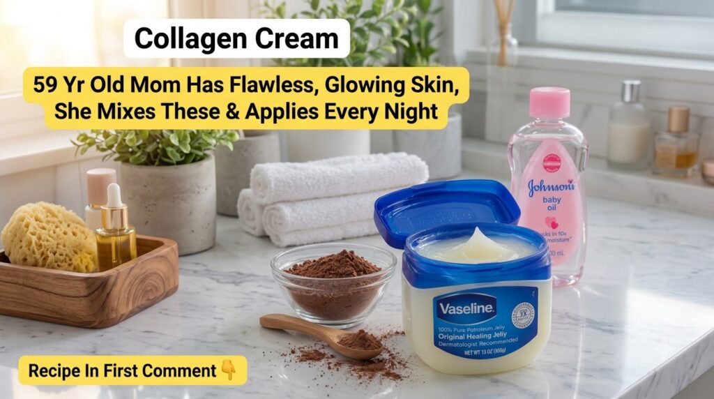 An open tub of Vaseline Original Healing Jelly next to a small glass bowl of cocoa powder and a wooden spoon with a bott