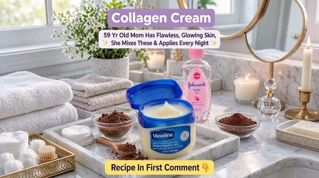 A flat lay composition featuring an open jar of Vaseline a bottle of baby oil and a small bowl of cocoa powder with a wo
