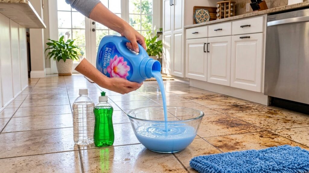 A person s hands pouring blue liquid from a large bottle into a glass bowl on a tiled kitchen floor with cleaning suppli