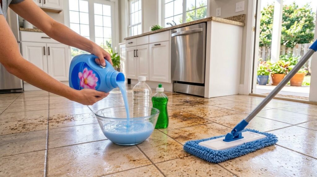 Hands pouring a light blue cleaning solution into a glass bowl on a dirty tiled kitchen floor with a clear bottle of wat
