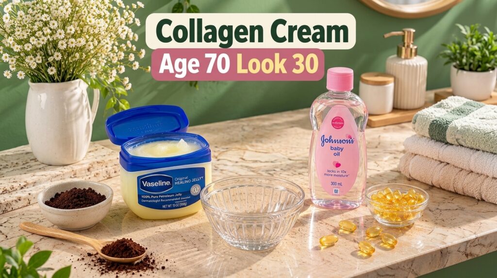 A collection of beauty ingredients including an open tub of Vaseline a bottle of Johnson s Baby Oil ground coffee and cl