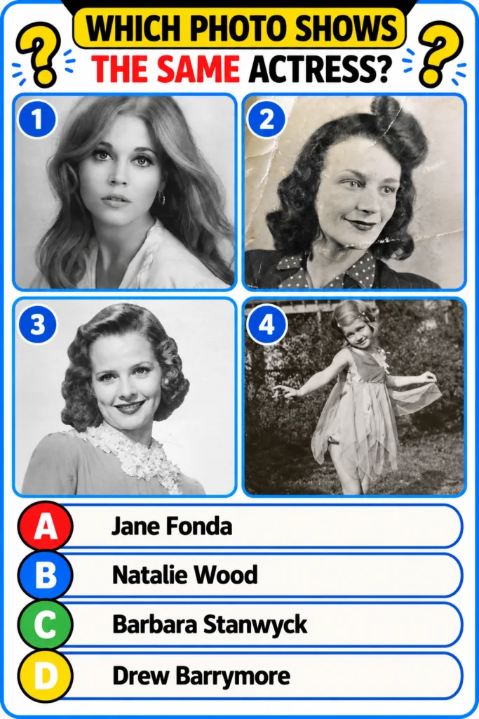 A vintage-style multiple-choice quiz showing a black and white portrait of Audrey Hepburn with four name options below