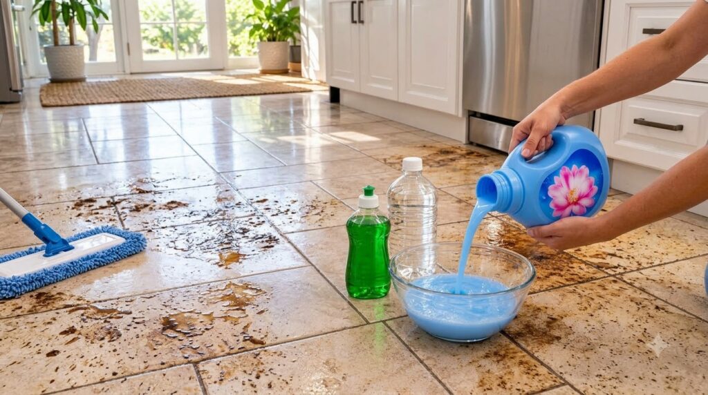 A person s hands pouring a vibrant blue fabric softener from a large bottle into a clear glass bowl with a bottle of whi