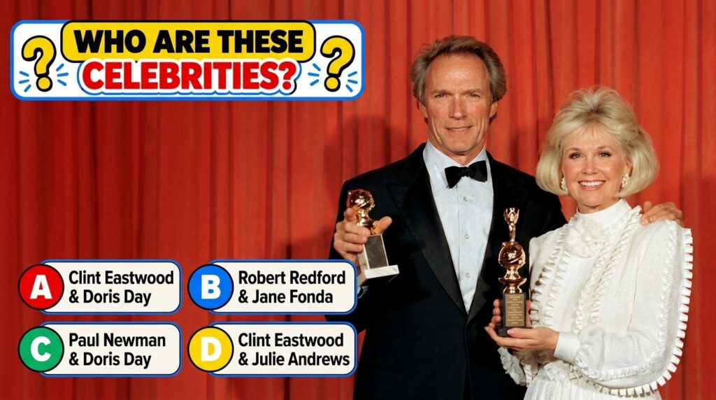 Clint Eastwood and Doris Day holding Golden Globe awards against a red velvet curtain