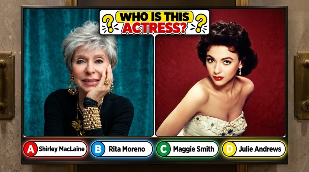 A quiz image with a split portrait of Rita Moreno showing her as an older woman and a young woman with four multiple-cho