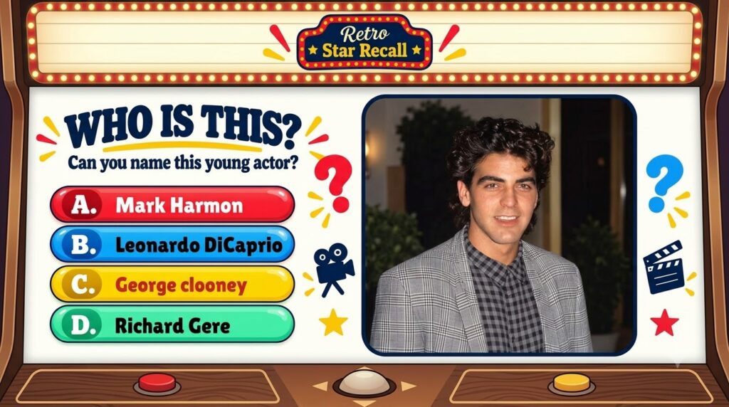A retro quiz graphic showing a young George Clooney smiling surrounded by film-themed decorative elements and four multi
