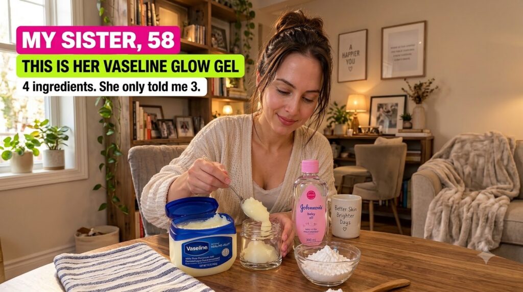 A woman scooping Vaseline jelly into a small glass jar with a bottle of baby oil and a bowl of white powder on a wooden 