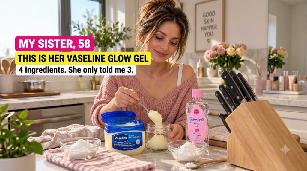 A woman smiling gently spooning Vaseline from a large tub into a smaller glass jar with baby oil and a bowl of white pow