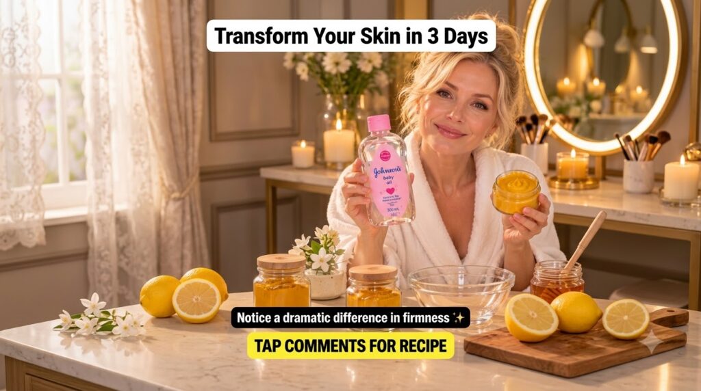 A smiling woman in a white robe holding Johnson s baby oil and a yellow skincare jar with turmeric honey and lemons in a