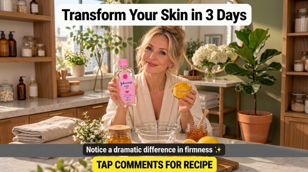 A smiling blonde woman in a white robe holding a bottle of Johnson s baby oil and a jar of yellow cream behind a counter