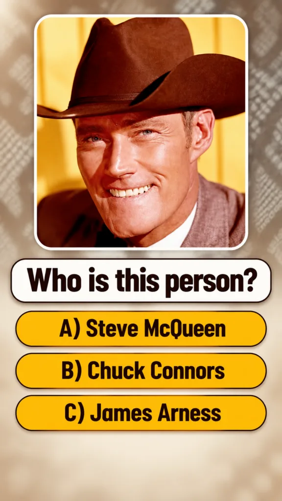 A vibrant close-up portrait of Chuck Connors smiling wearing a brown cowboy hat and suit jacket against a bright yellow 