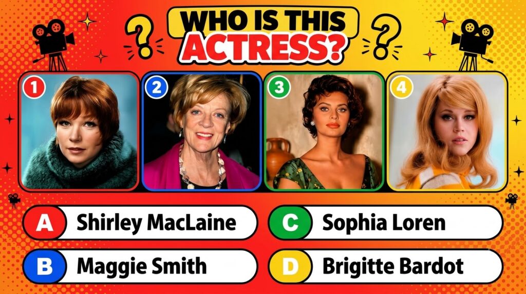 A vibrant quiz image titled WHO IS THIS ACTRESS featuring four portrait photographs of classic actresses in a 2x2 grid w