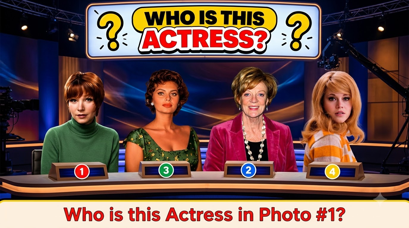 Quiz graphic showing four photos of famous actresses with a question WHO IS THIS ACTRESS at the top and Who is this Actr