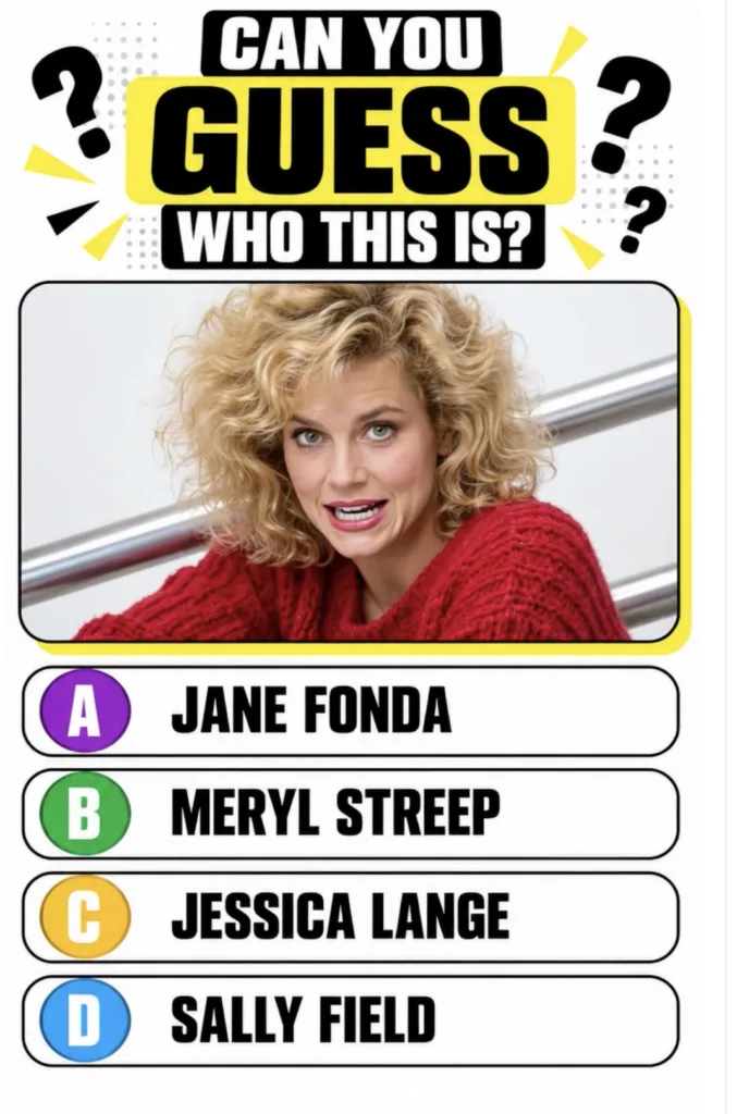 A portrait of Meryl Streep with curly blonde hair and a red sweater making a playful expression as seen in the quiz grap