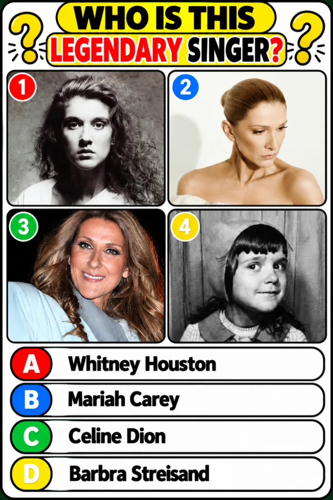 A multi-panel image of a female singer at different life stages with multiple-choice options below