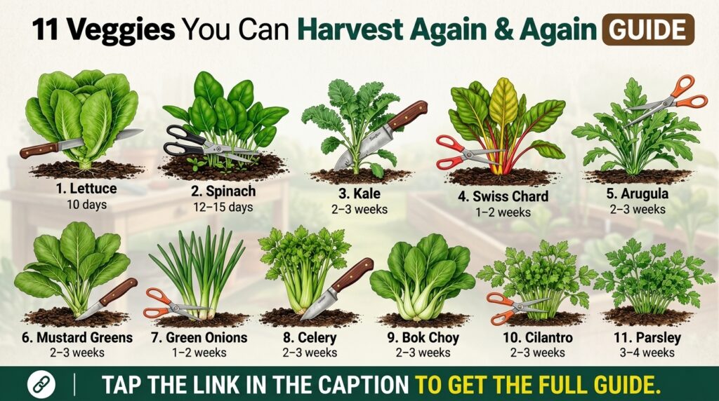 An illustrative guide showing 11 different leafy green vegetables each with its root system in soil and a harvesting too