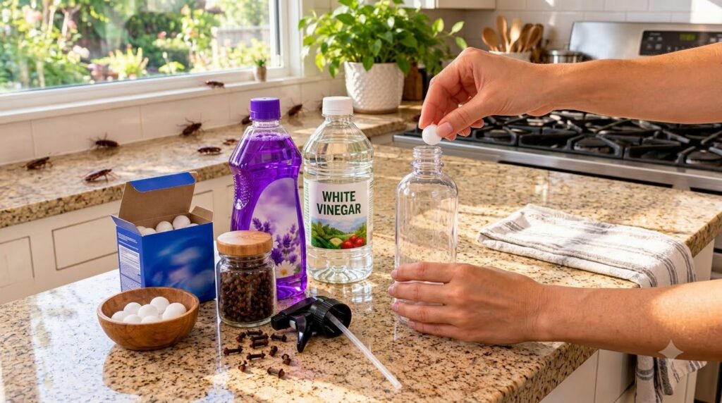 A person s hands placing a mothball into a clear spray bottle on a granite kitchen counter with bottles of white vinegar