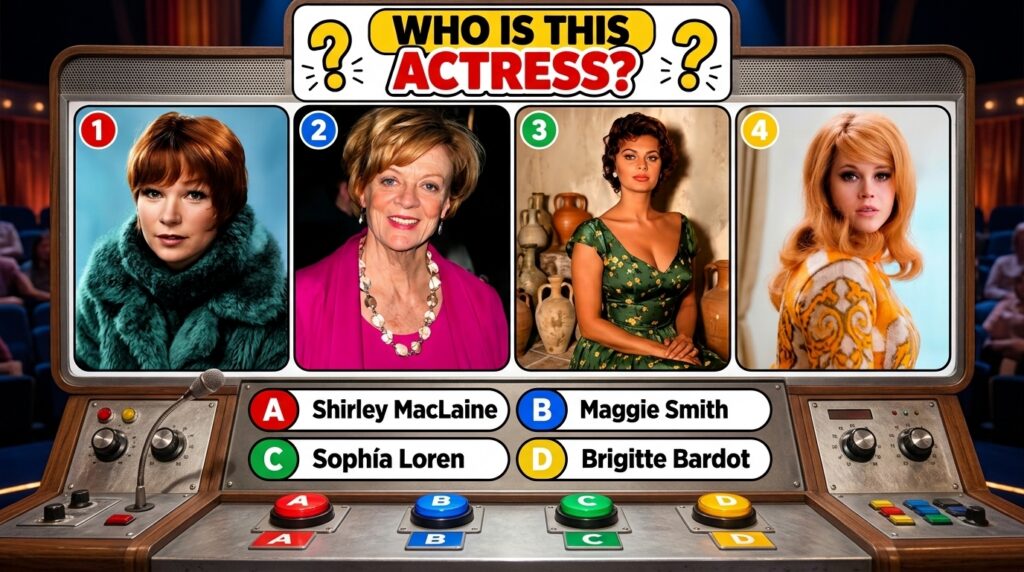 A multiple-choice quiz graphic asking WHO IS THIS ACTRESS with four portrait photos of classic Hollywood actresses and f