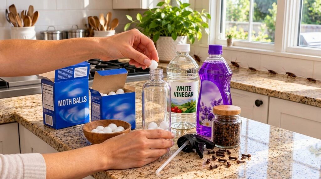 A person s hands on a kitchen counter adding a white mothball to a clear spray bottle already containing white vinegar a