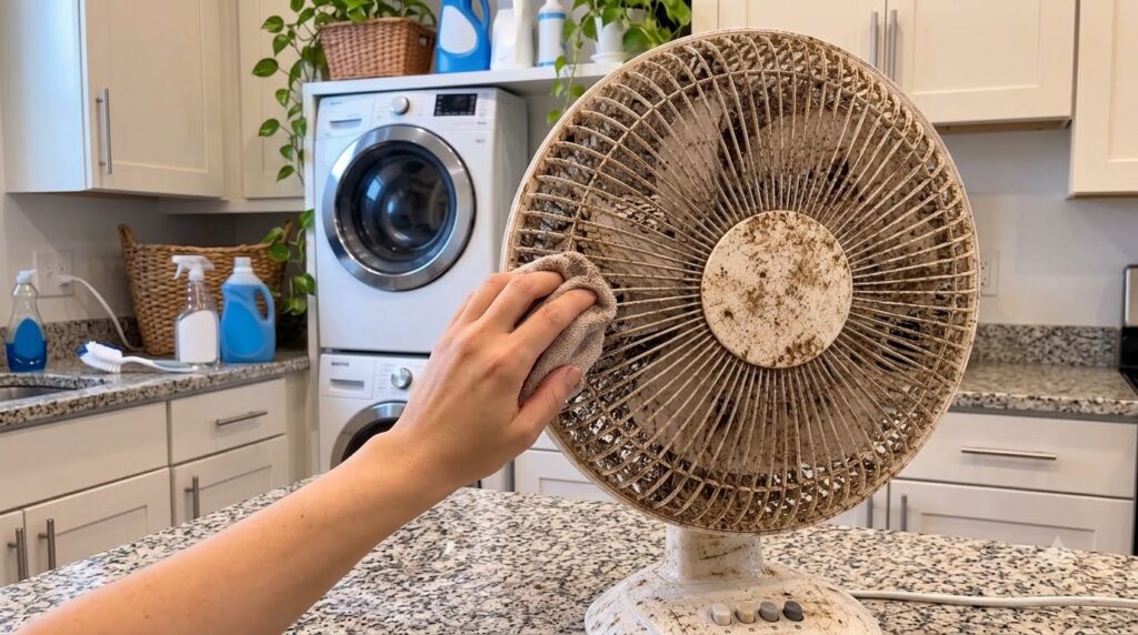 A close-up of a hand wiping a very dirty white desk fan with a beige towel showing accumulated dust and grime on the fan