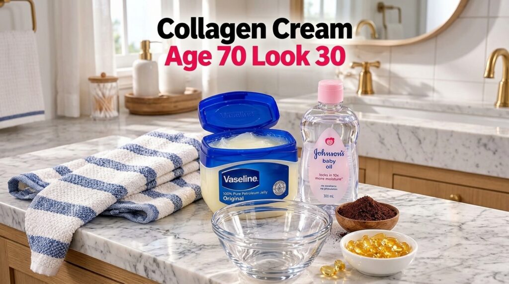 A flat lay of DIY beauty ingredients on a marble countertop an open jar of Vaseline a bottle of Johnson s baby oil an em