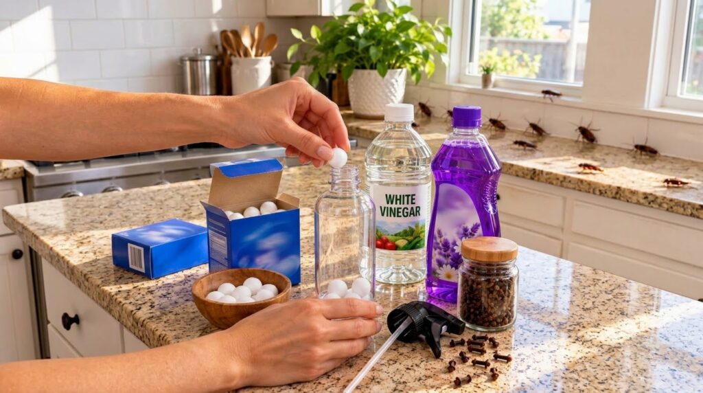 Hands preparing a homemade pest deterrent on a kitchen counter dropping a white mothball into a spray bottle Bottles of 