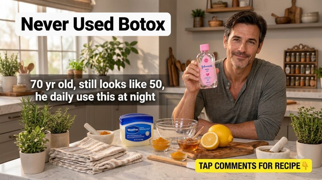 A smiling man holding a bottle of Johnson s baby oil with Vaseline turmeric honey and lemons on a kitchen counter