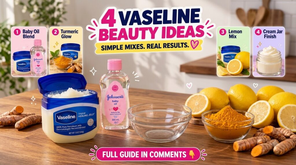 Infographic showing 4 Vaseline Beauty Ideas with recipe cards and a flat lay of Vaseline baby oil lemons turmeric powder