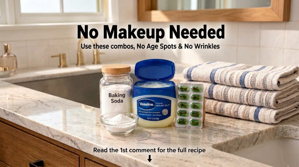 Ingredients for a DIY baking soda and Vaseline mask laid out on a countertop including a glass jar and small bowl of bak