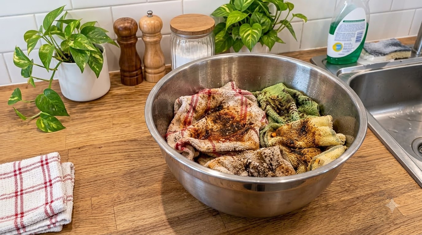 A stainless steel bowl filled with several soiled kitchen rags drenched in a dark viscous substance The rags vary in col
