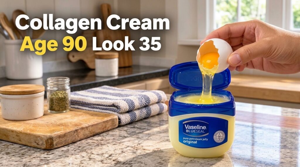 A hand pouring the contents of a cracked egg yolk and white directly into an open tub of Vaseline BlueSeal petroleum jel