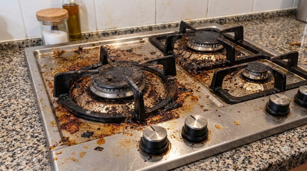 A very dirty stainless steel gas hob covered in burnt food residues grease splatters and dark stains Two burners are vis