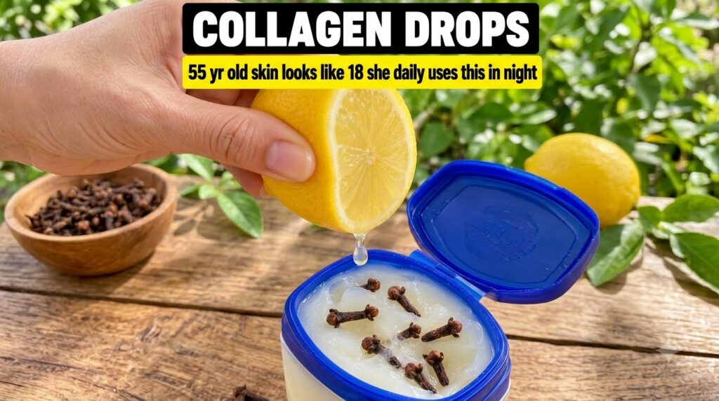 A hand squeezing a half-cut lemon with lemon juice dripping into an open tub of Vaseline containing dried cloves The bac