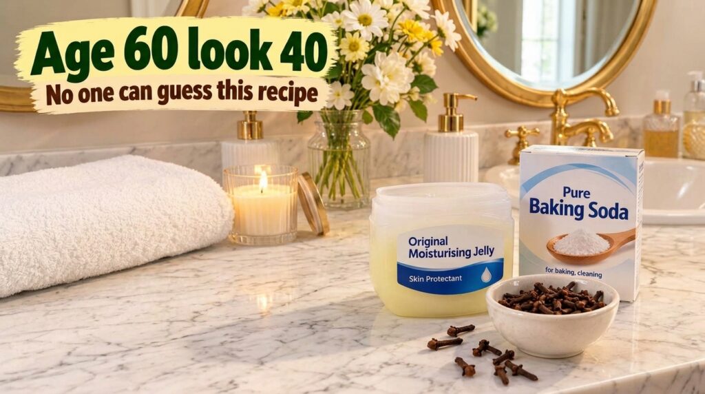 A flat lay of Vaseline baking soda and whole cloves on a white marble bathroom counter with a luxurious background of a 