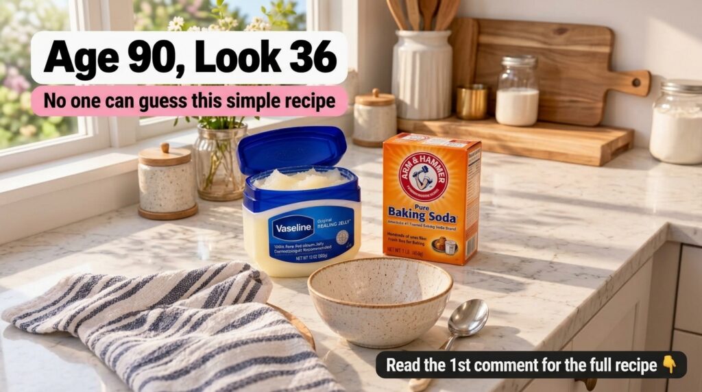 An open jar of Vaseline and a box of baking soda on a bright marble countertop with a ceramic bowl spoon and a striped t