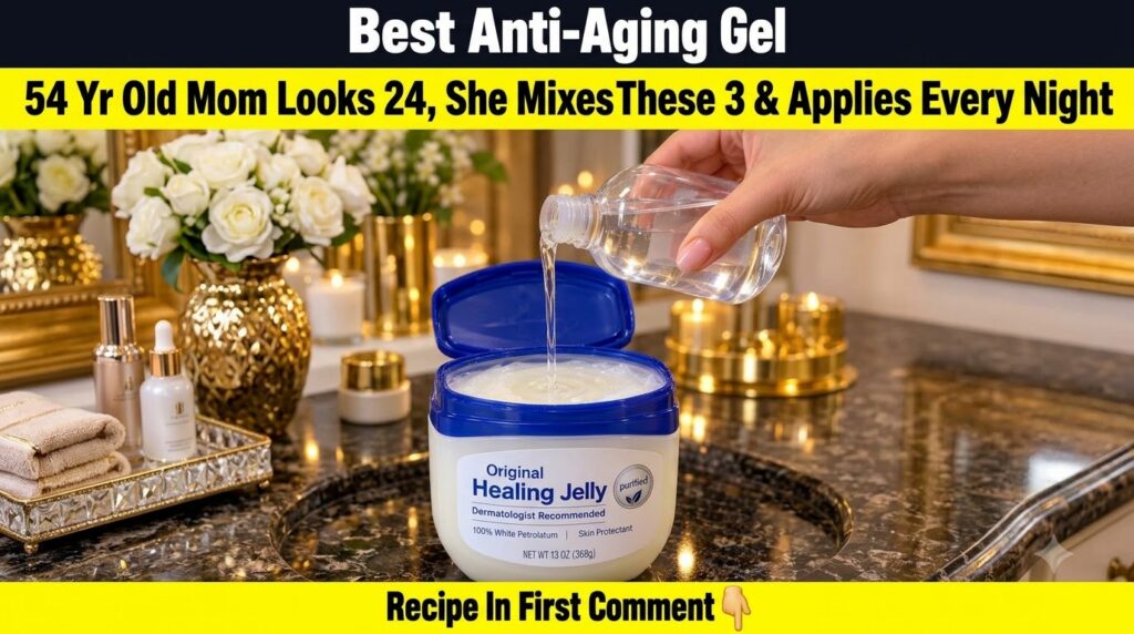 A hand pouring baby oil into a tub of Vaseline with a dark reflective background and bright lighting emphasizing a DIY b