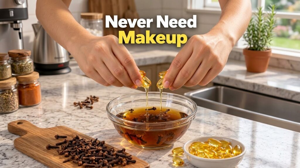 Two hands gently squeezing liquid from golden capsules into a clear glass bowl filled with a dark amber liquid and clove