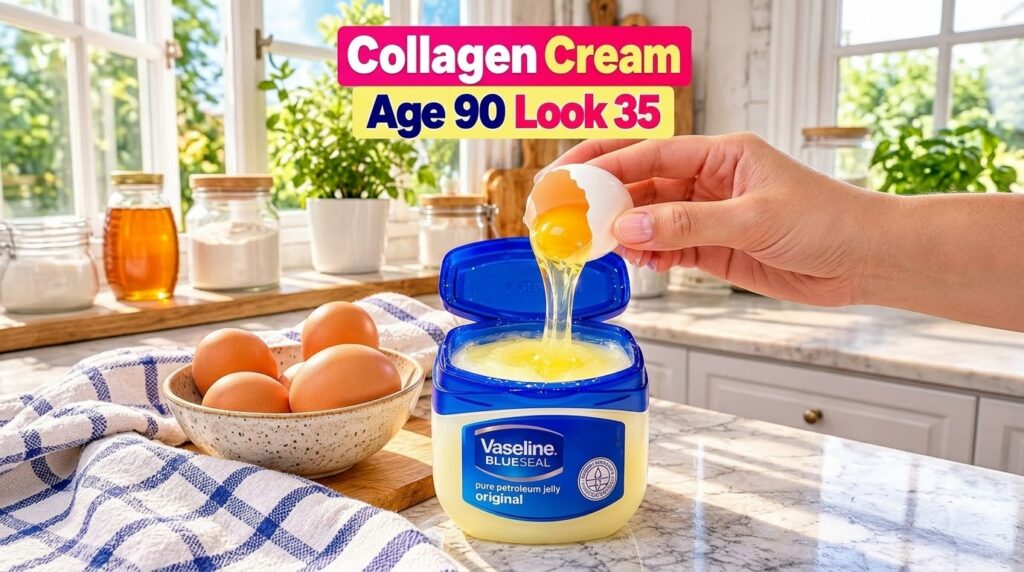 A close-up of a hand pouring a cracked egg into an open tub of Vaseline on a clean kitchen counter