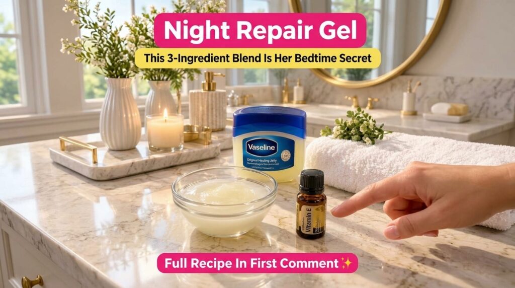A hand pointing towards a clear bowl of white gel next to a jar of Vaseline and a bottle of Vitamin E oil on a clean bat