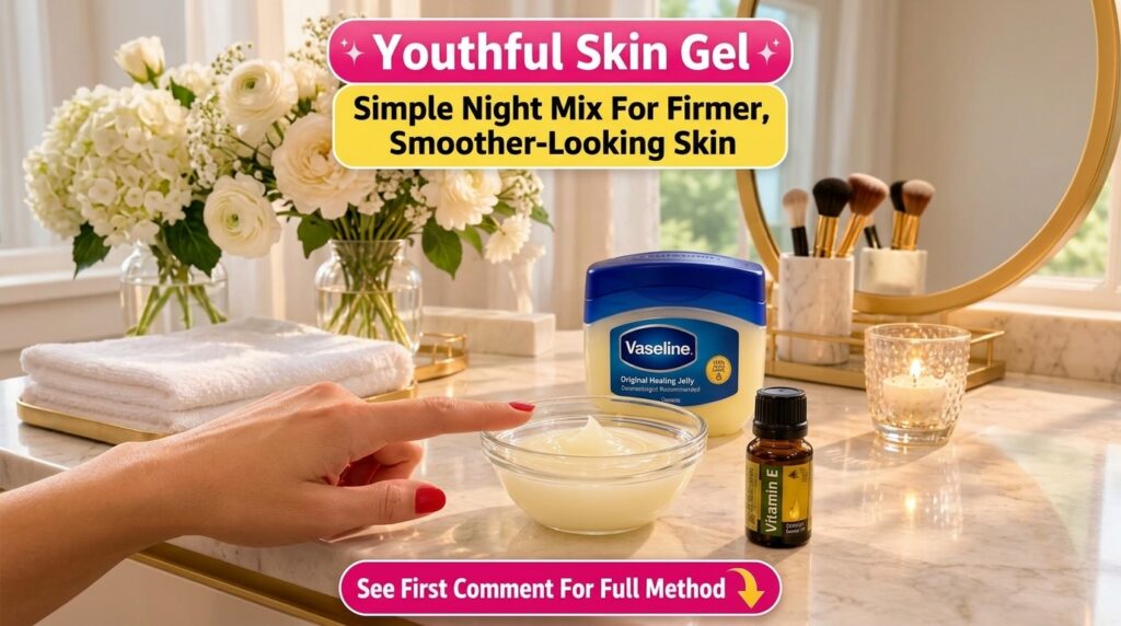 A close-up of skincare ingredients on a brightly lit marble countertop featuring a hand pointing towards a bottle of Vit