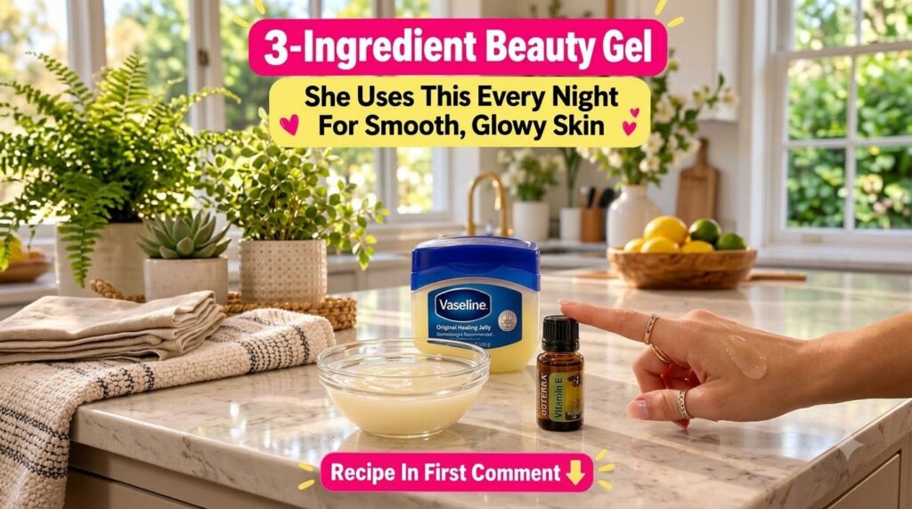 A clean kitchen counter setup for a beauty DIY featuring a clear glass bowl with yellowish gel a tub of Vaseline Origina