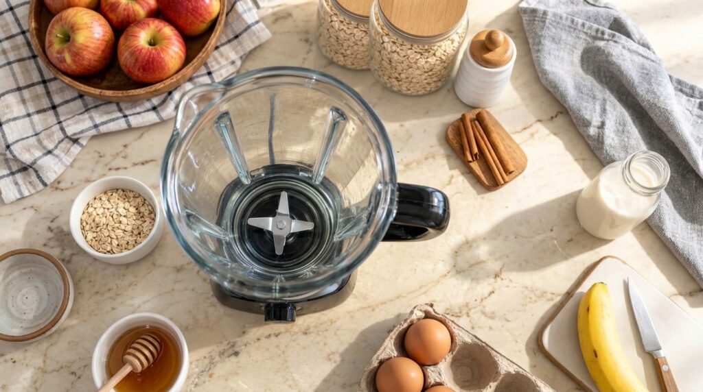 An empty blender on a light marble countertop surrounded by fresh vegan ingredients for a healthy breakfast including re