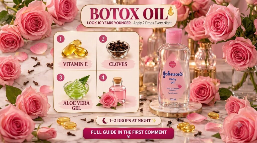 A bottle of Johnson s Baby Oil surrounded by Vitamin E capsules cloves aloe vera gel rose water and pink roses with soft