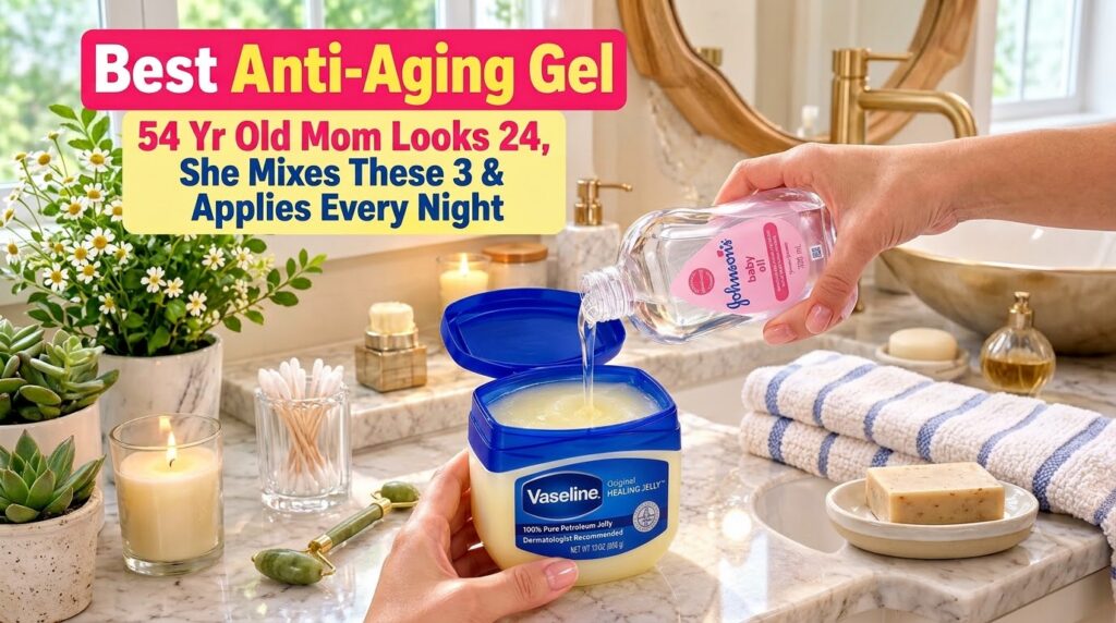 Close-up of hands pouring Johnson s Baby Oil into a tub of Vaseline Original Healing Jelly with a lit candle and plant i