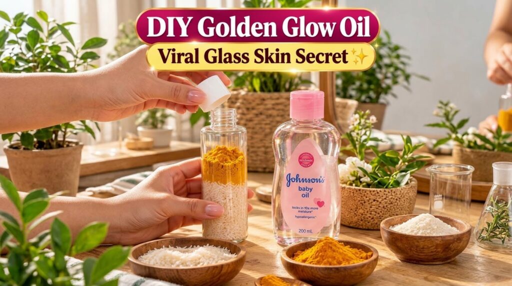 A close-up of hands preparing a DIY beauty concoction holding a bottle with rice and turmeric next to a bottle of baby o