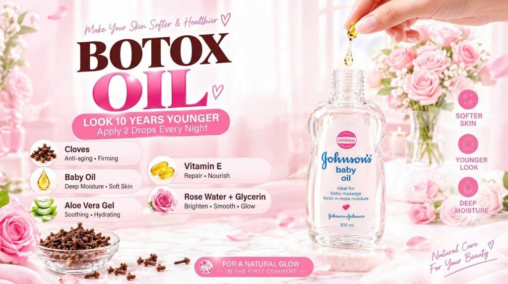 A bottle of Johnson s baby oil with a hand dispensing a golden drop into it Surrounding the bottle are natural ingredien