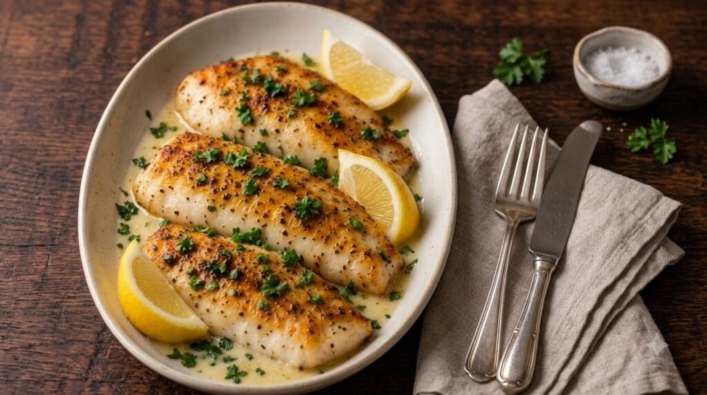 A perfectly cooked fillet of garlic lemon fish with a crispy golden-brown crust garnished with fresh lemon slices and ch