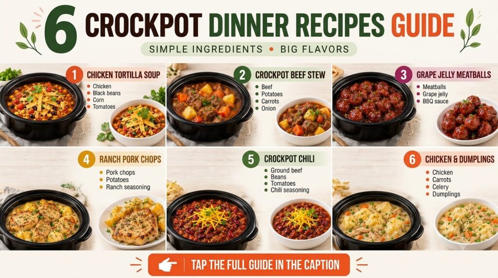 An infographic titled 6 Crockpot Dinner Recipes Guide showing six different vegan dishes in black crockpots and white se
