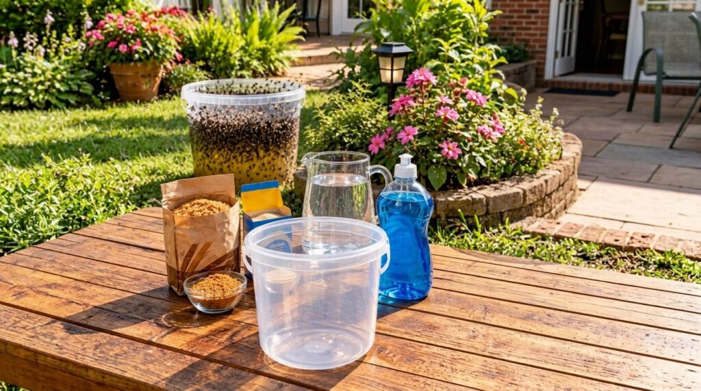 A clear plastic bucket filled with dead mosquitoes and other insects with ingredients for making a mosquito trap on a wo